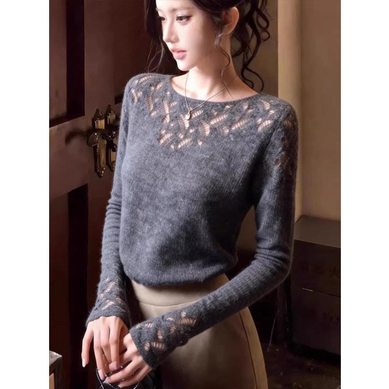 Hollow-out Mature Soft Knitwear Inner Layer Gentle Slimming Sweater Spring Lazy Skin-friendly Long Sleeve Top