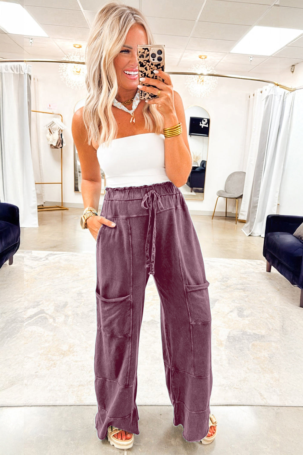 Medium Grey Mineral Wash Knot High Waist Raw Hem Pants