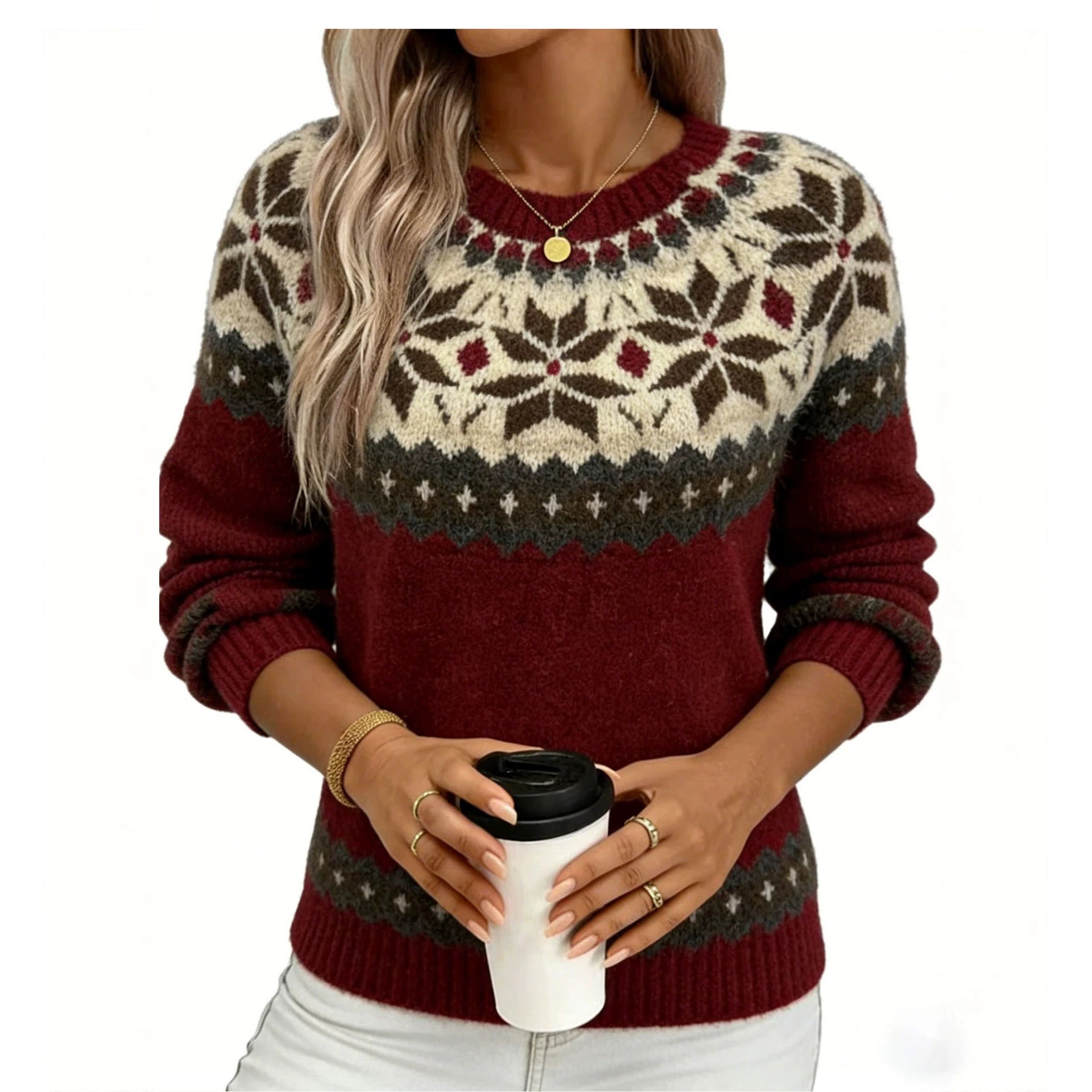 Jacquard Sweater for Women, Autumn/Winter, Round Neck, Pullover Knitwear, Loose Fit, Slimming, Casual Sweater
