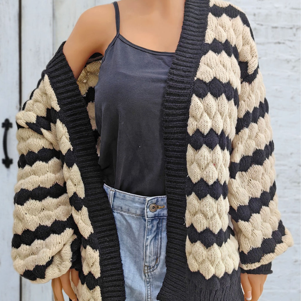 Ladies' Knit Cardigan Coat,Color-blocked Pineapple 3D Pattern Striped Knit Open Front Sweater