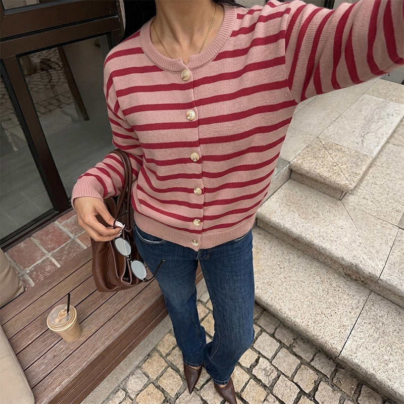 Cardigan loose striped round neck sweater