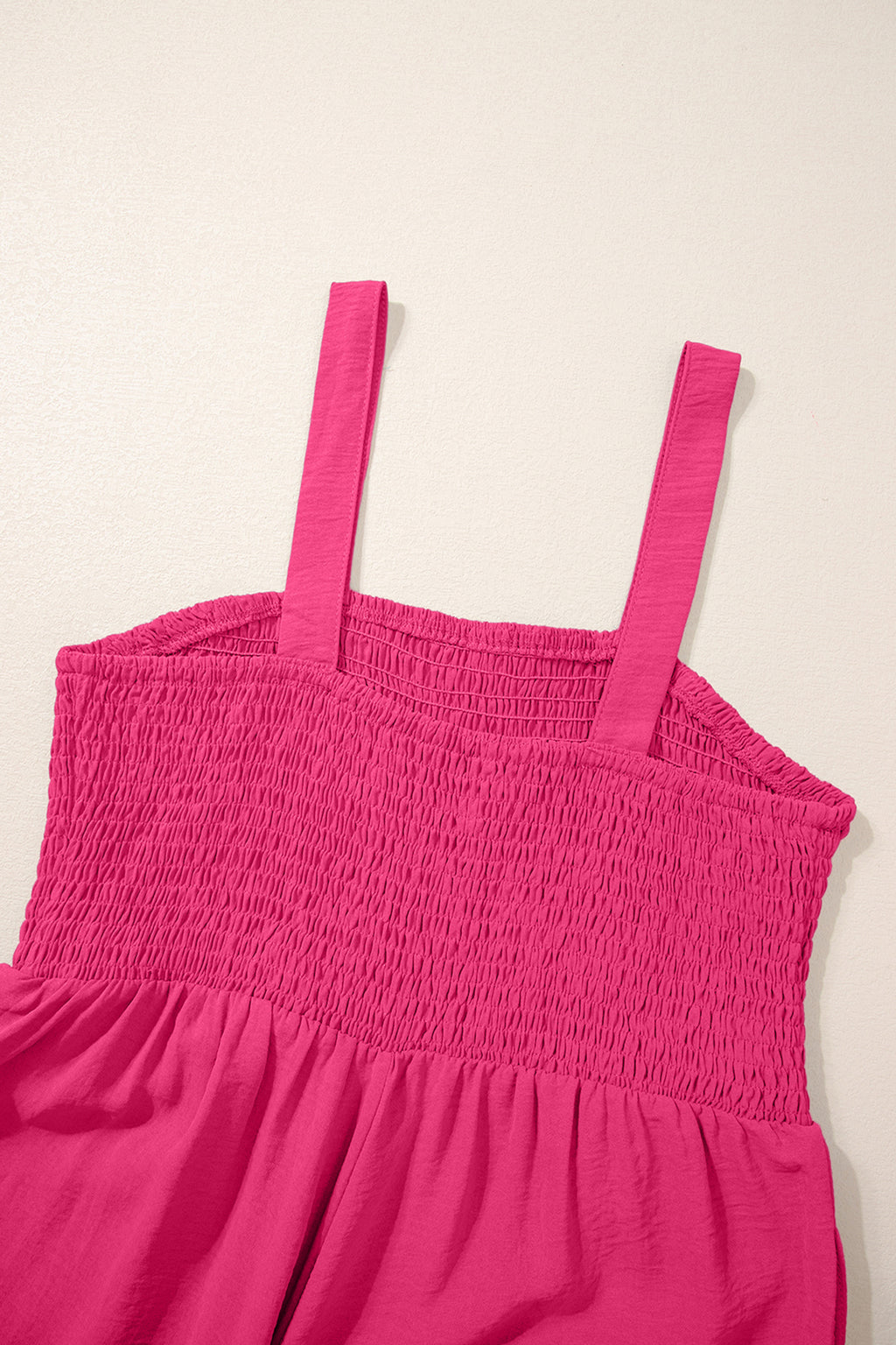 Rose Red Smocked Square Neck Sleeveless Jumpsuit with Pockets