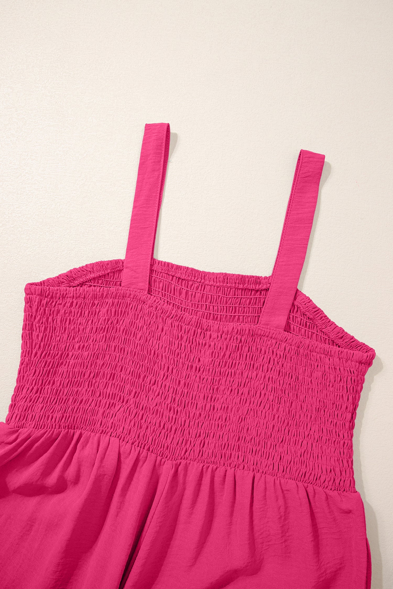 Rose Red Smocked Square Neck Sleeveless Jumpsuit with Pockets