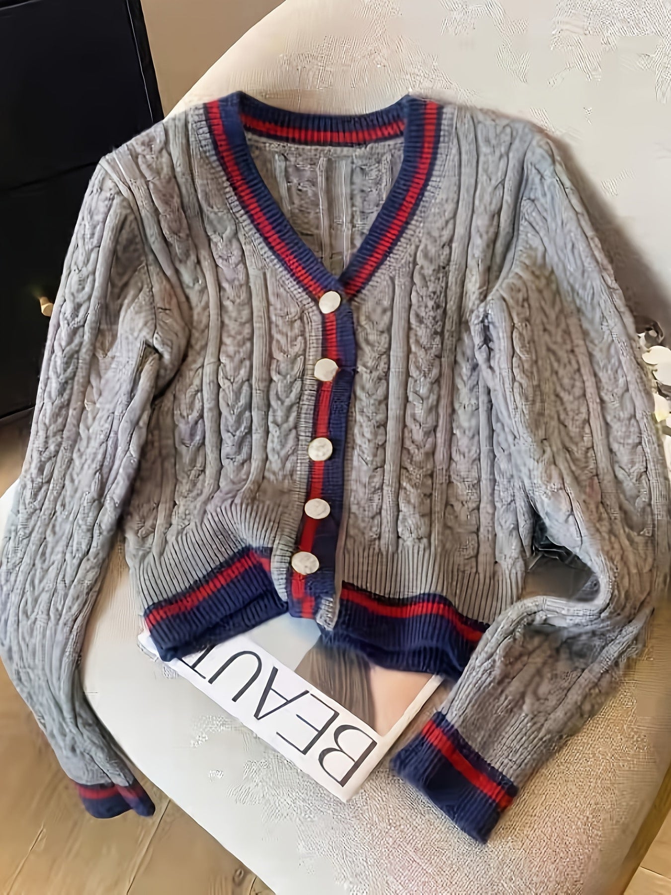 Autumn/Winter Women's V-Neck Color-Block  Button Knit Cardigan Elegant Knit Sweater