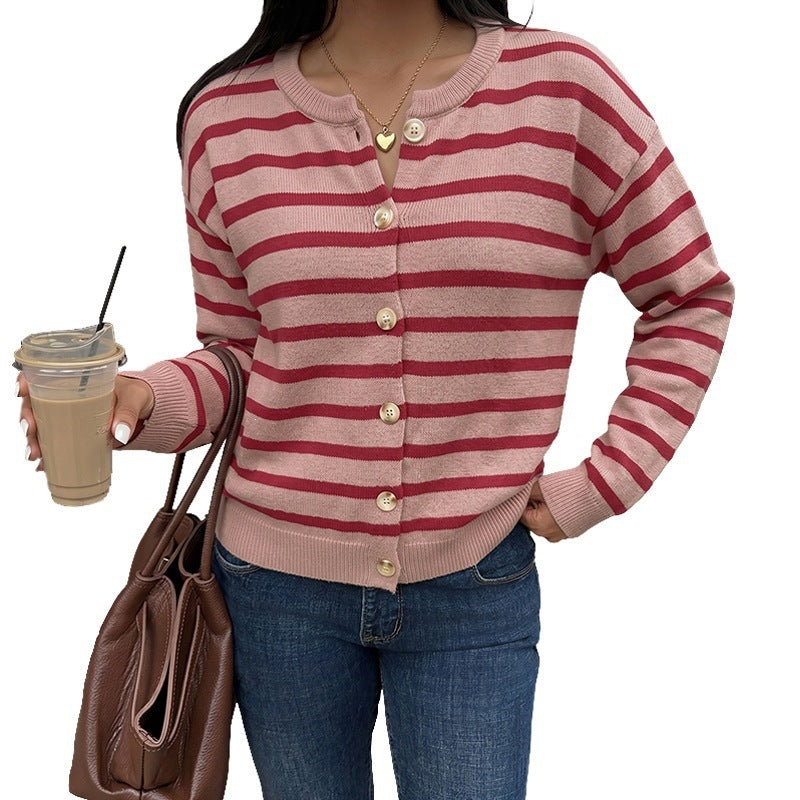 Cardigan loose striped round neck sweater