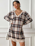 Chic Women's Knitted Dress Long Sleeve Color-block Plaid Dress