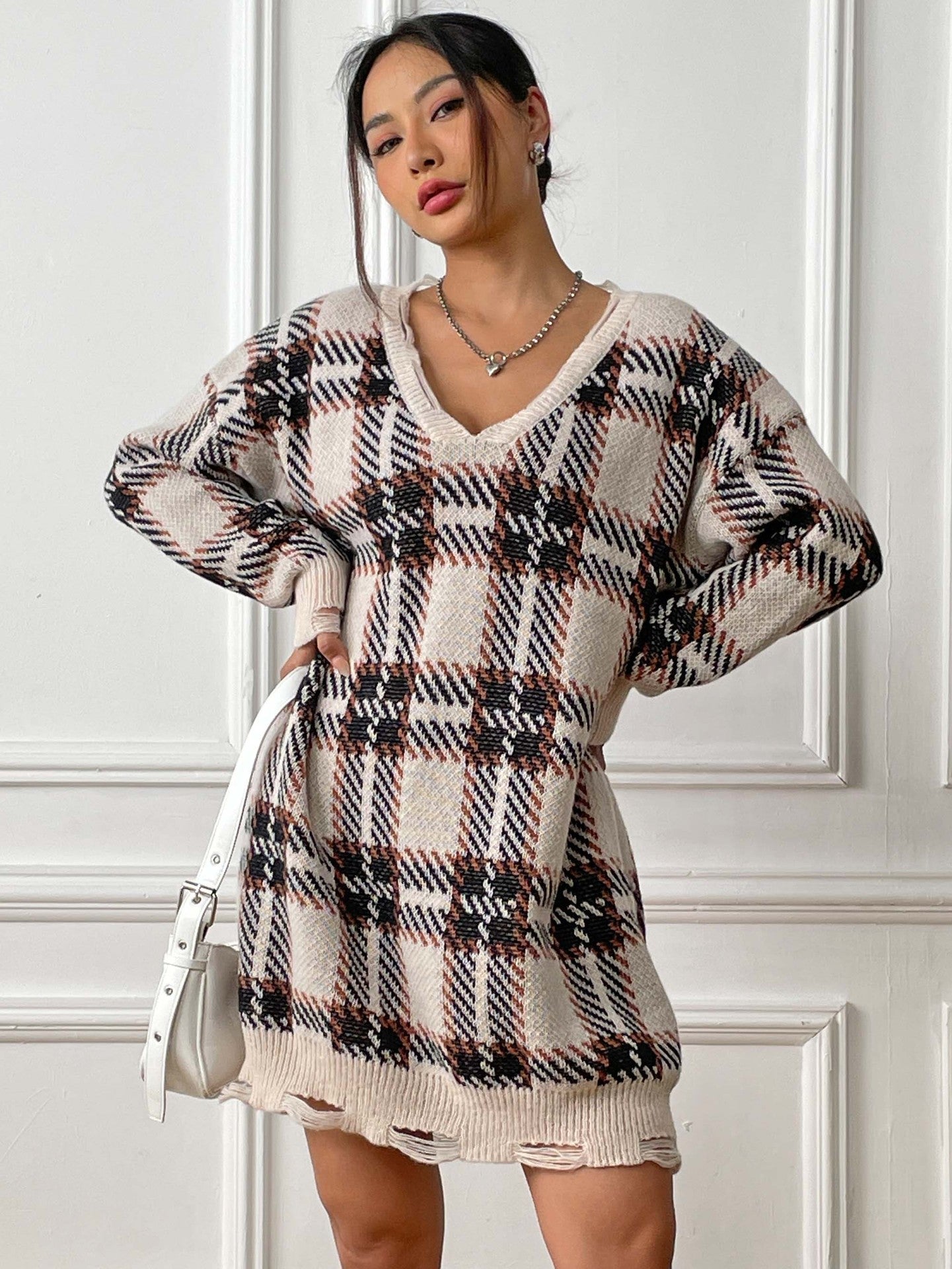 Chic Women's Knitted Dress Long Sleeve Color-block Plaid Dress