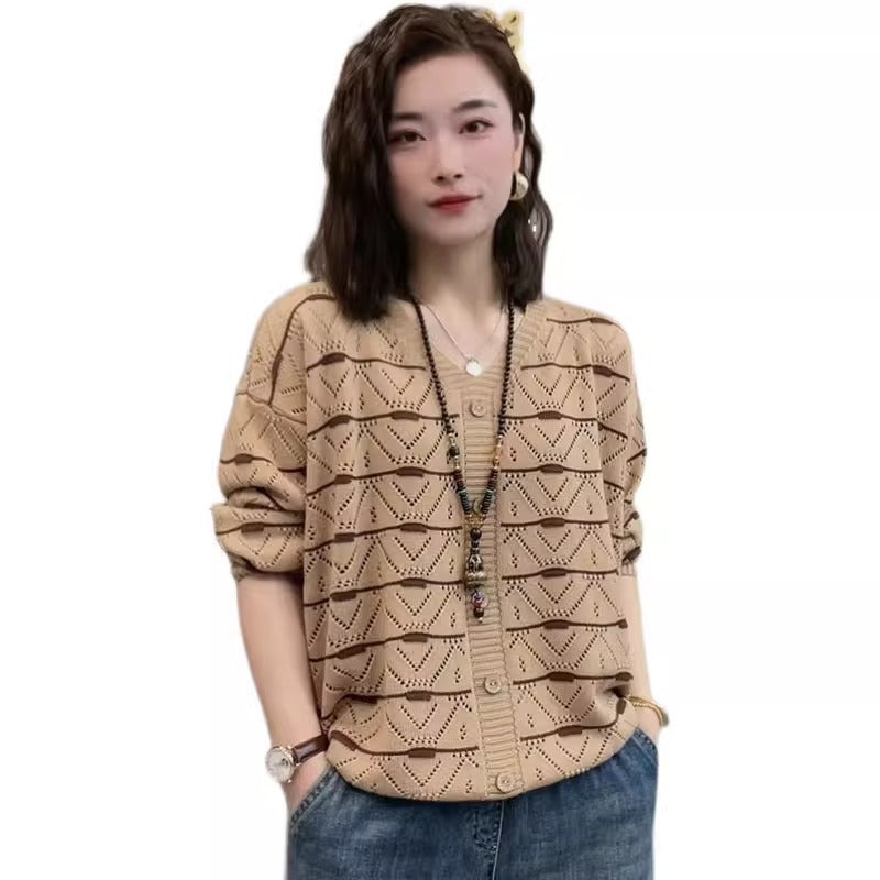 Design Sense Small Batch Hollow Out V-Neck Knit Sweater Women Autumn Winter Loose Plus Size Slimming Bodycon Long Sleeve Base Layer Sweater