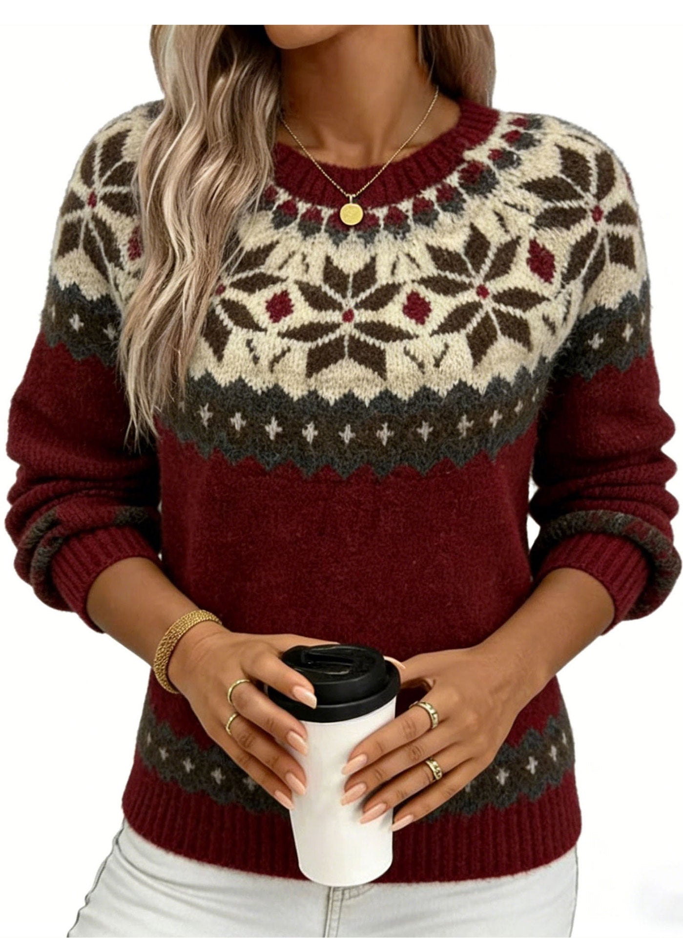 Jacquard Sweater for Women, Autumn/Winter, Round Neck, Pullover Knitwear, Loose Fit, Slimming, Casual Sweater