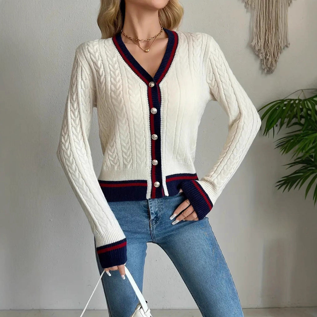 Autumn/Winter Women's V-Neck Color-Block  Button Knit Cardigan Elegant Knit Sweater