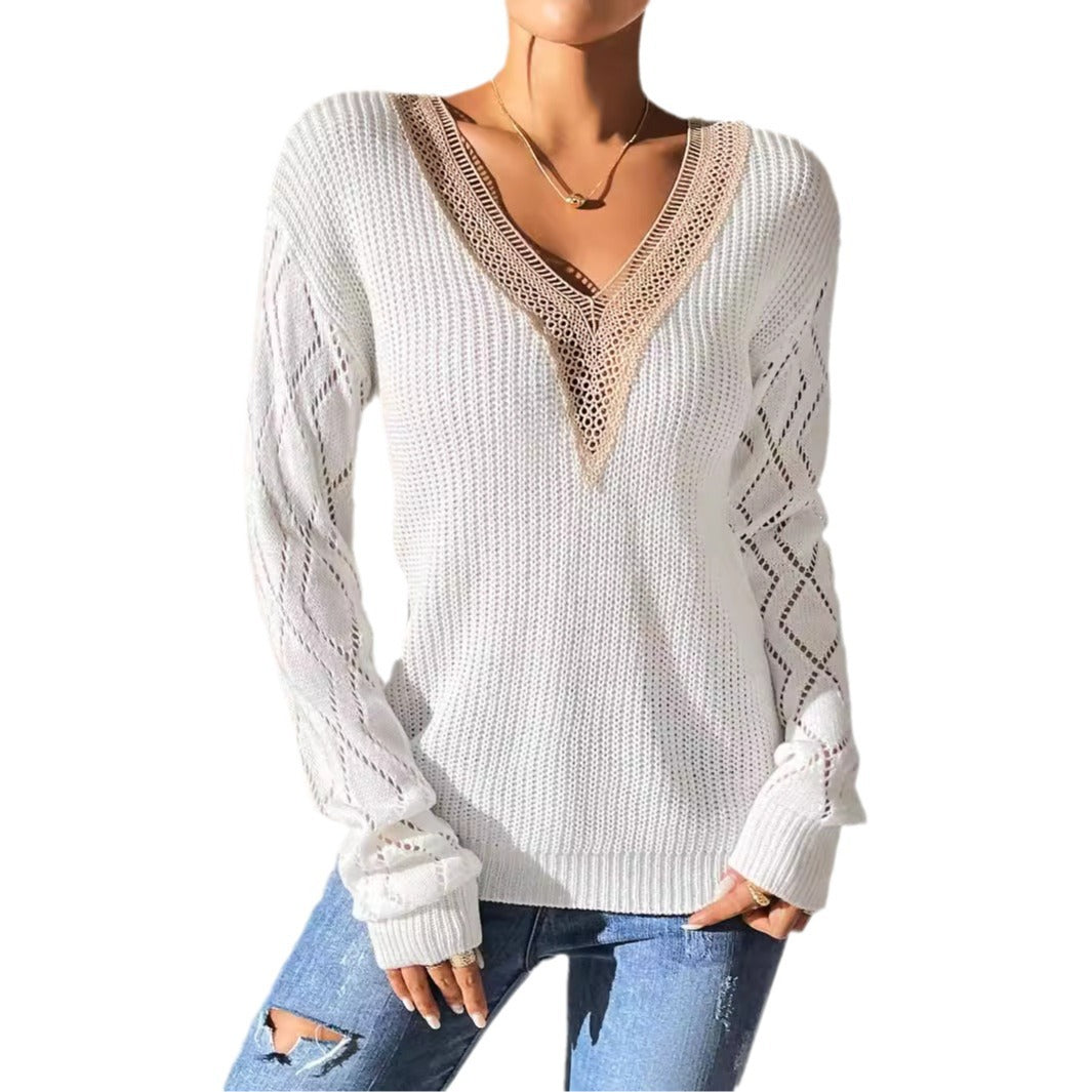 Women's Top Lace V-Neck Color-block Knit Sweater Casual Basic