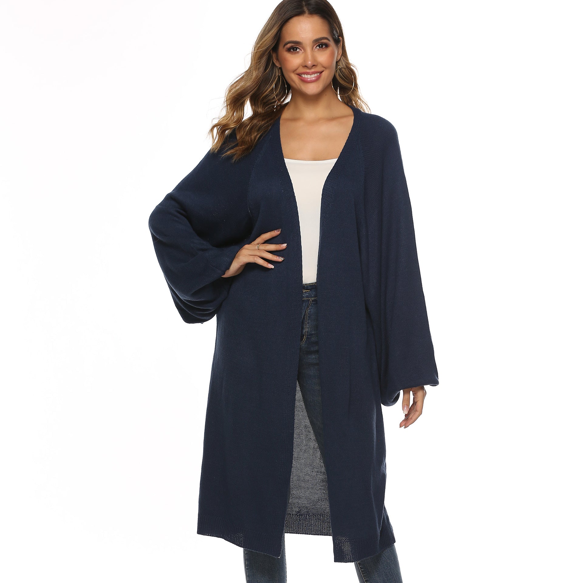 Long Sleeve Oversized Batwing Sleeve Loose Mid-Length Knit Sweater Cardigan