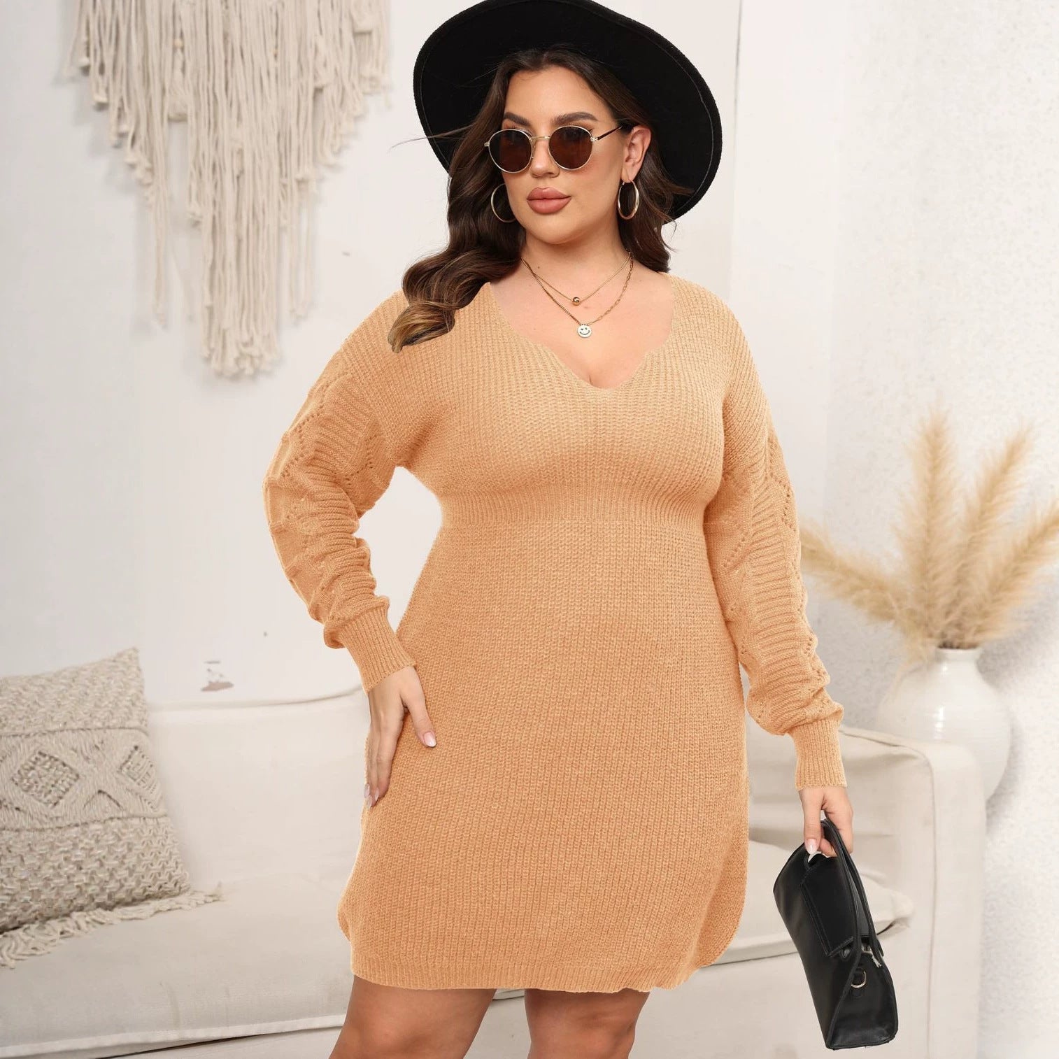 V-neck woven knit dress, fitted waist base layer dress, women's dress