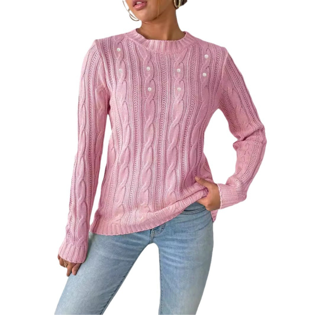 Women's Sweater Round Neck Pullover Simple Basic Pearl Beaded Knit Top