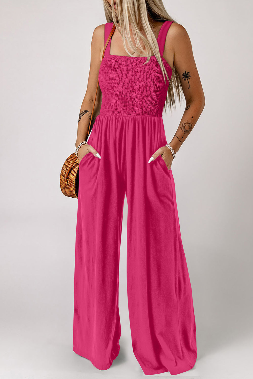Rose Red Smocked Square Neck Sleeveless Jumpsuit with Pockets