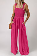 Rose Red Smocked Square Neck Sleeveless Jumpsuit with Pockets