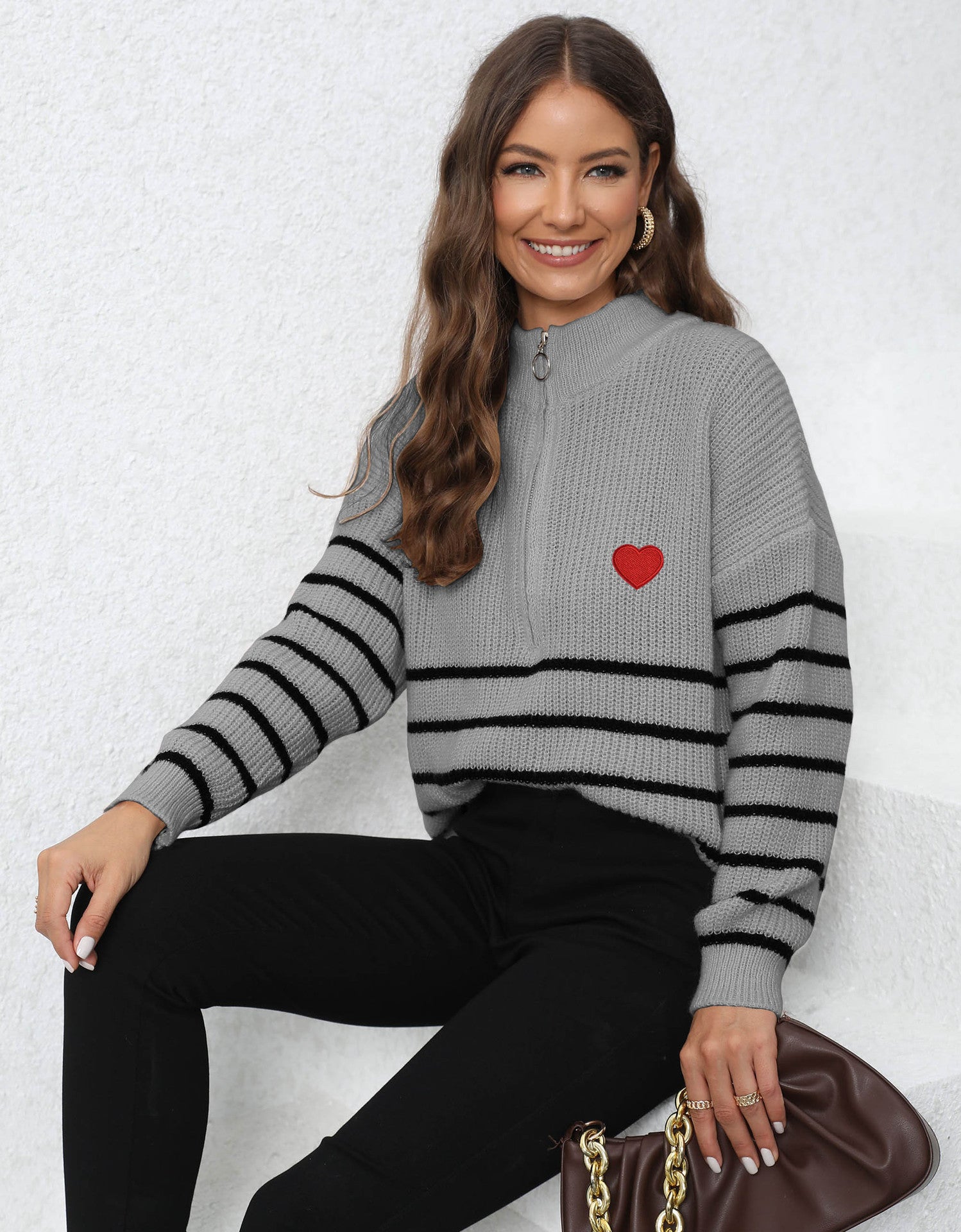 Lady Knit Sweater Machine-knitted Stripe Splicing Half-high Collar Zipper Loose Top Sweater