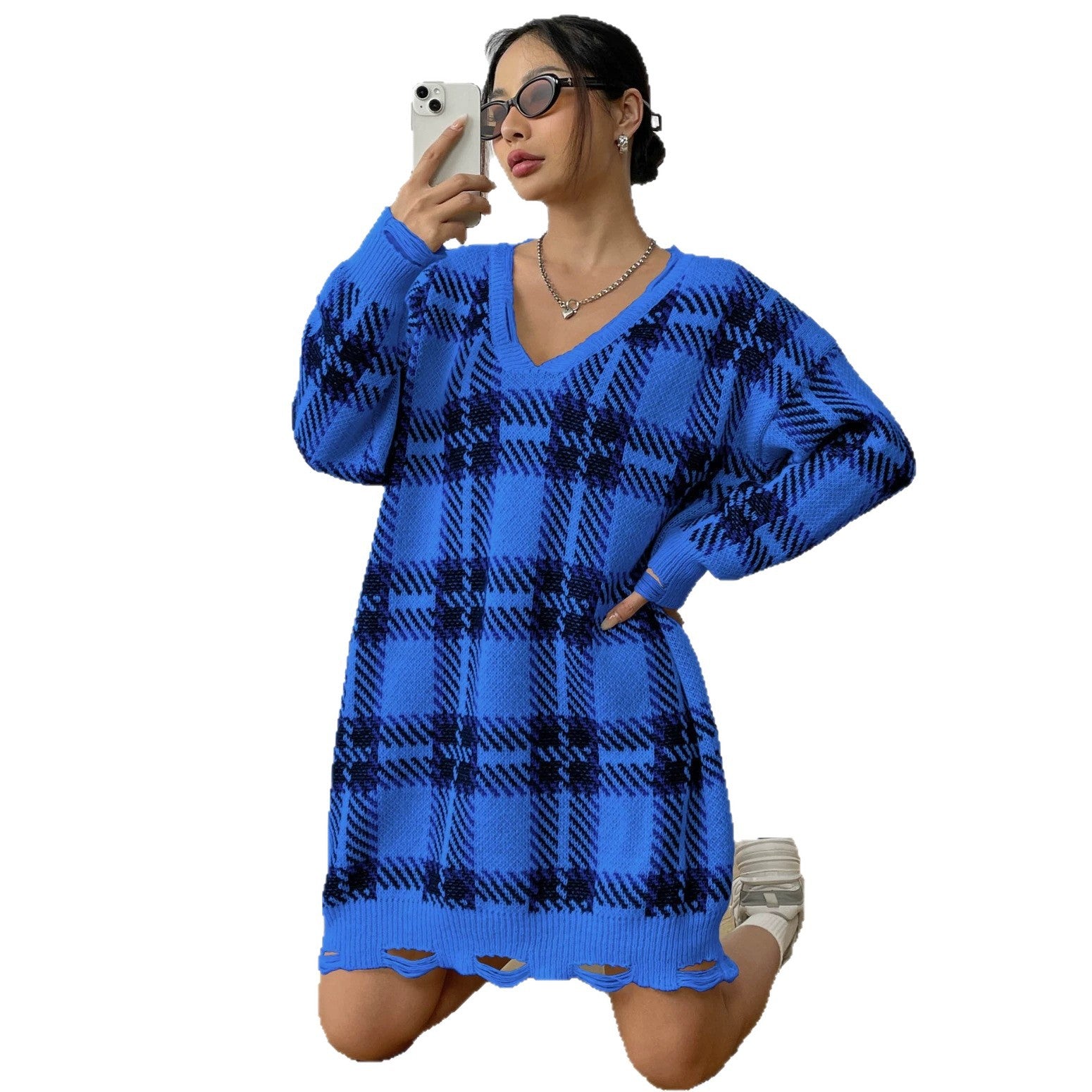 Chic Women's Knitted Dress Long Sleeve Color-block Plaid Dress