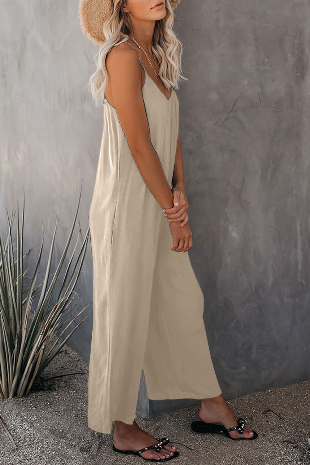Apricot Spaghetti Straps Wide Leg Pocketed Jumpsuits
