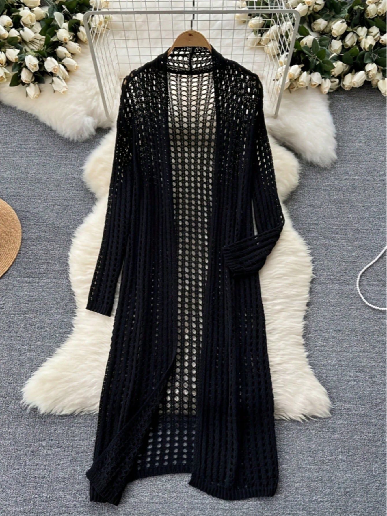 Style Spring Summer New Hollow-Out Design Casual Fashion Solid Color Loose Knit Cardigan Elegant Women's Outerwear