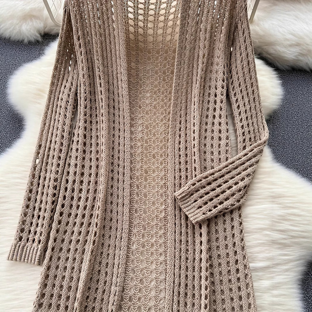 Style Spring Summer New Hollow-Out Design Casual Fashion Solid Color Loose Knit Cardigan Elegant Women's Outerwear
