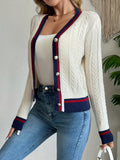 Autumn/Winter Women's V-Neck Color-Block  Button Knit Cardigan Elegant Knit Sweater