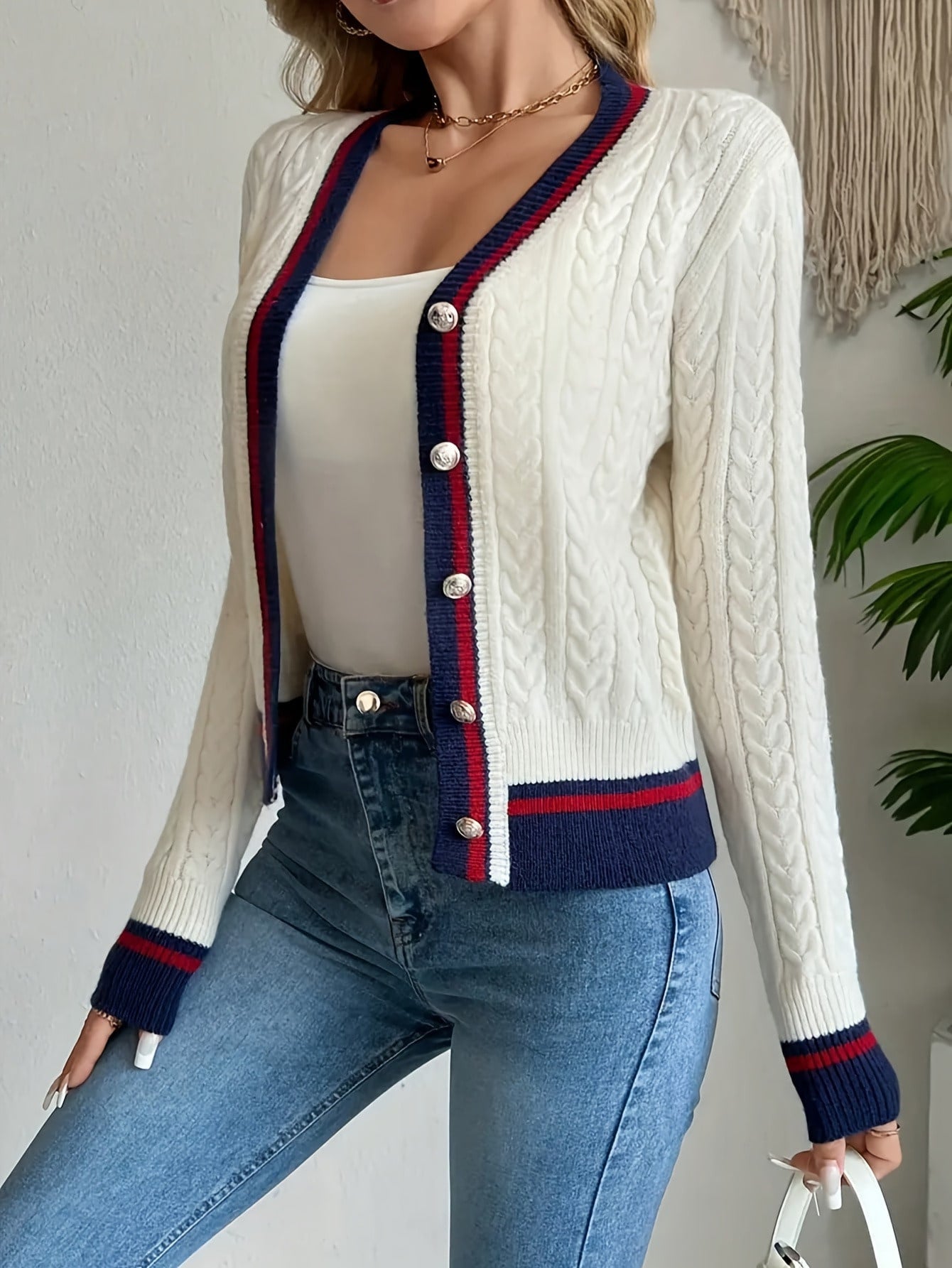 Autumn/Winter Women's V-Neck Color-Block  Button Knit Cardigan Elegant Knit Sweater