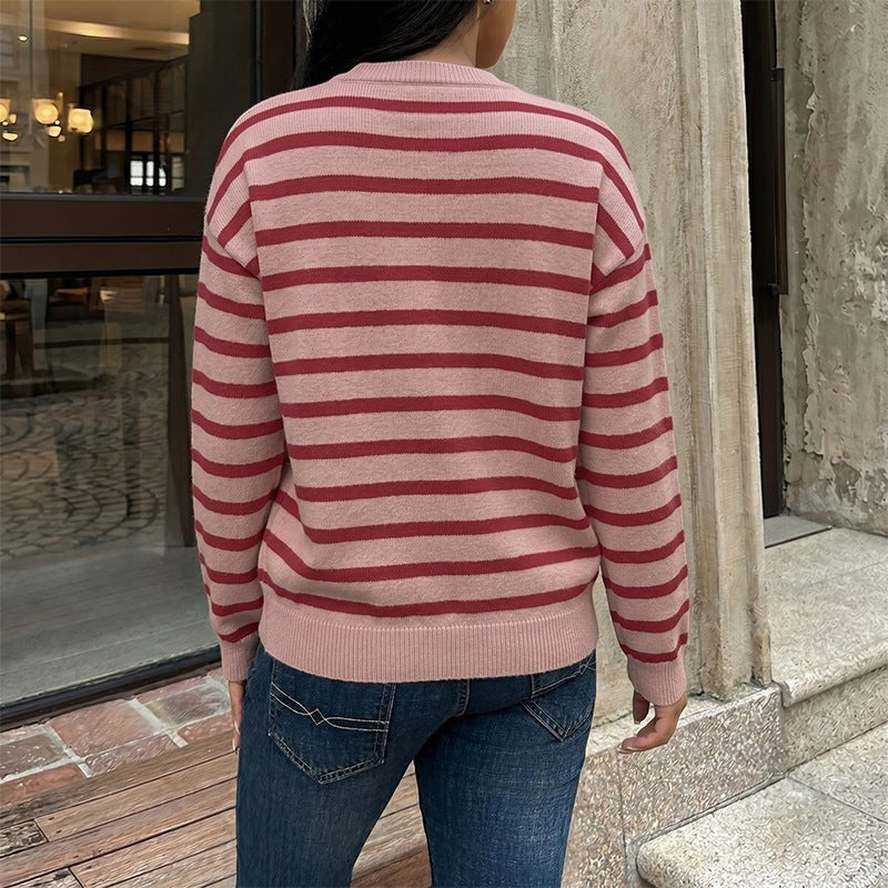 Cardigan loose striped round neck sweater