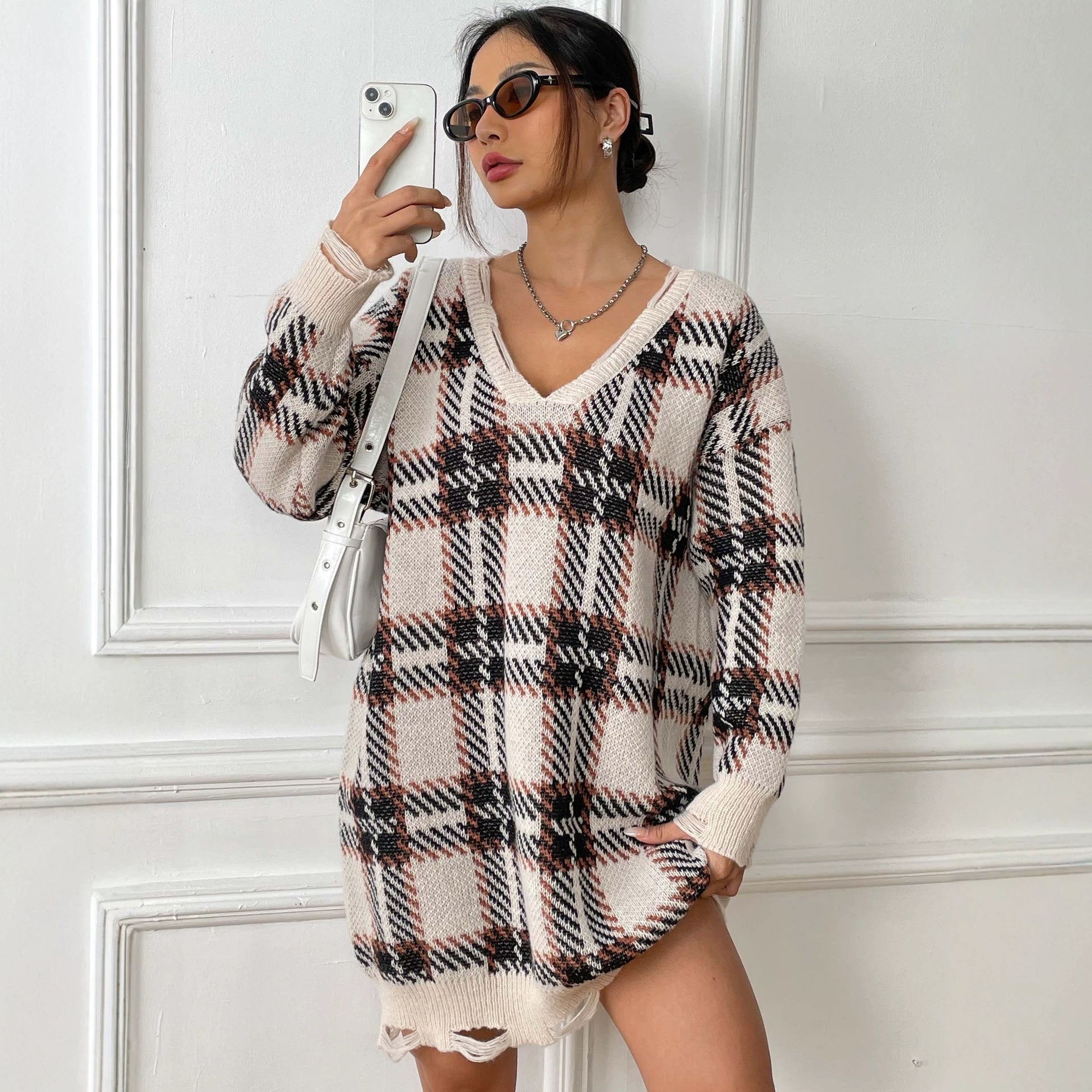 Chic Women's Knitted Dress Long Sleeve Color-block Plaid Dress