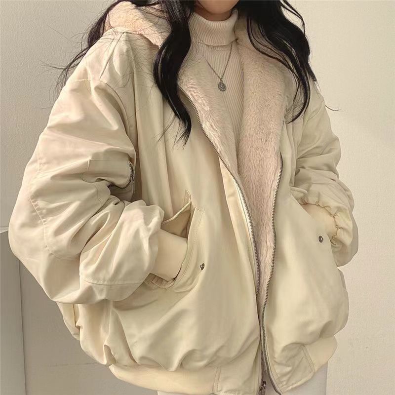 Fleece Lined Reversible Shearling Cotton Coat Women's Outerwear Winter Zipper Hooded Cotton Jacket Top