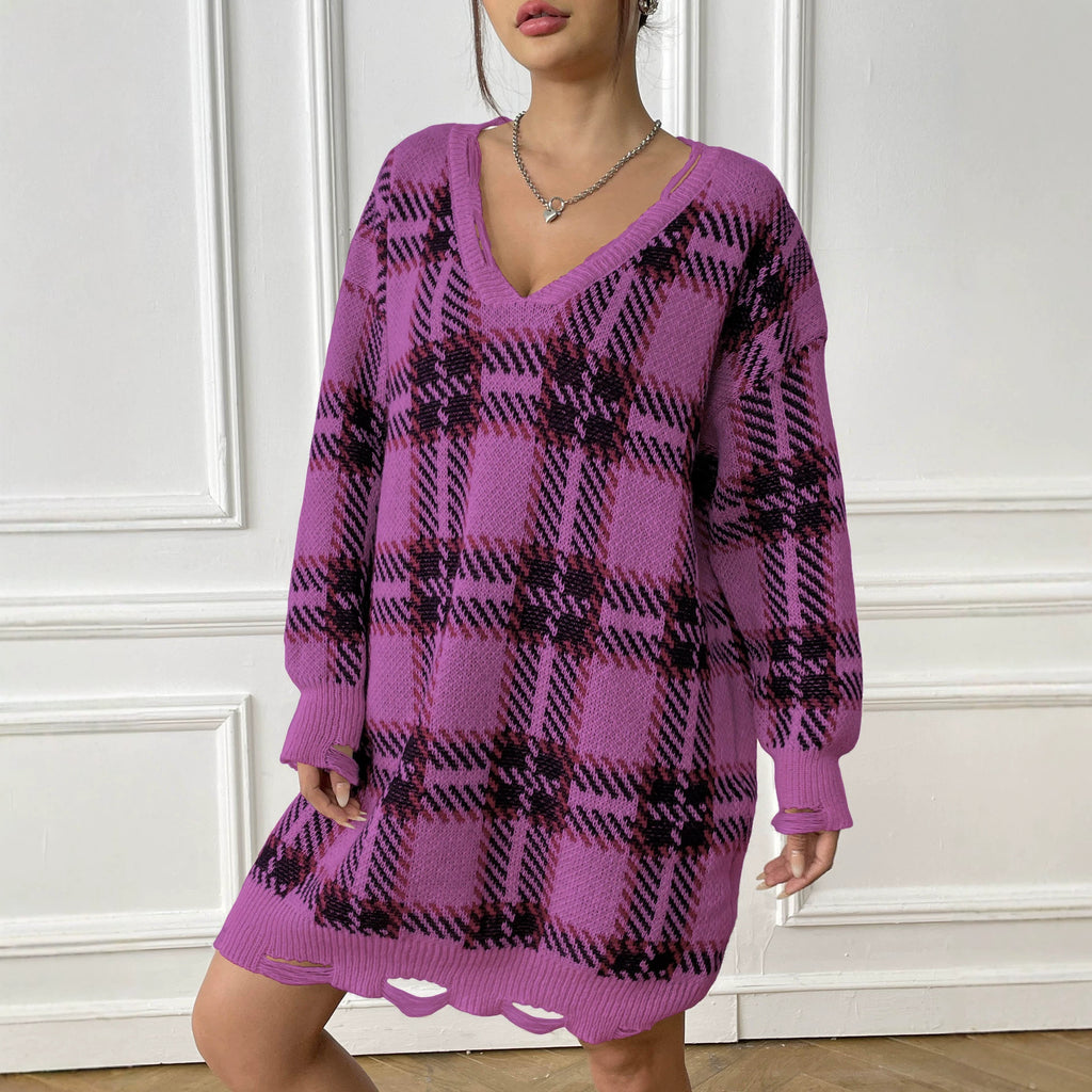 Chic Women's Knitted Dress Long Sleeve Color-block Plaid Dress