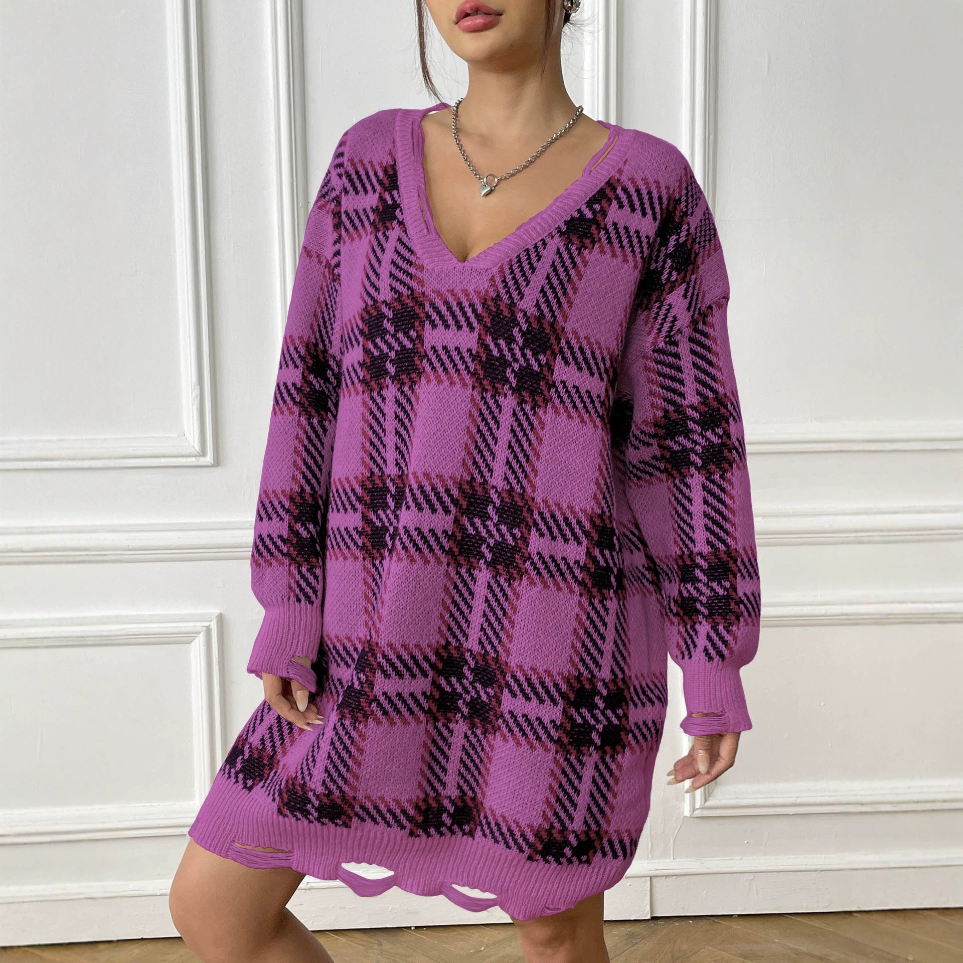 Chic Women's Knitted Dress Long Sleeve Color-block Plaid Dress