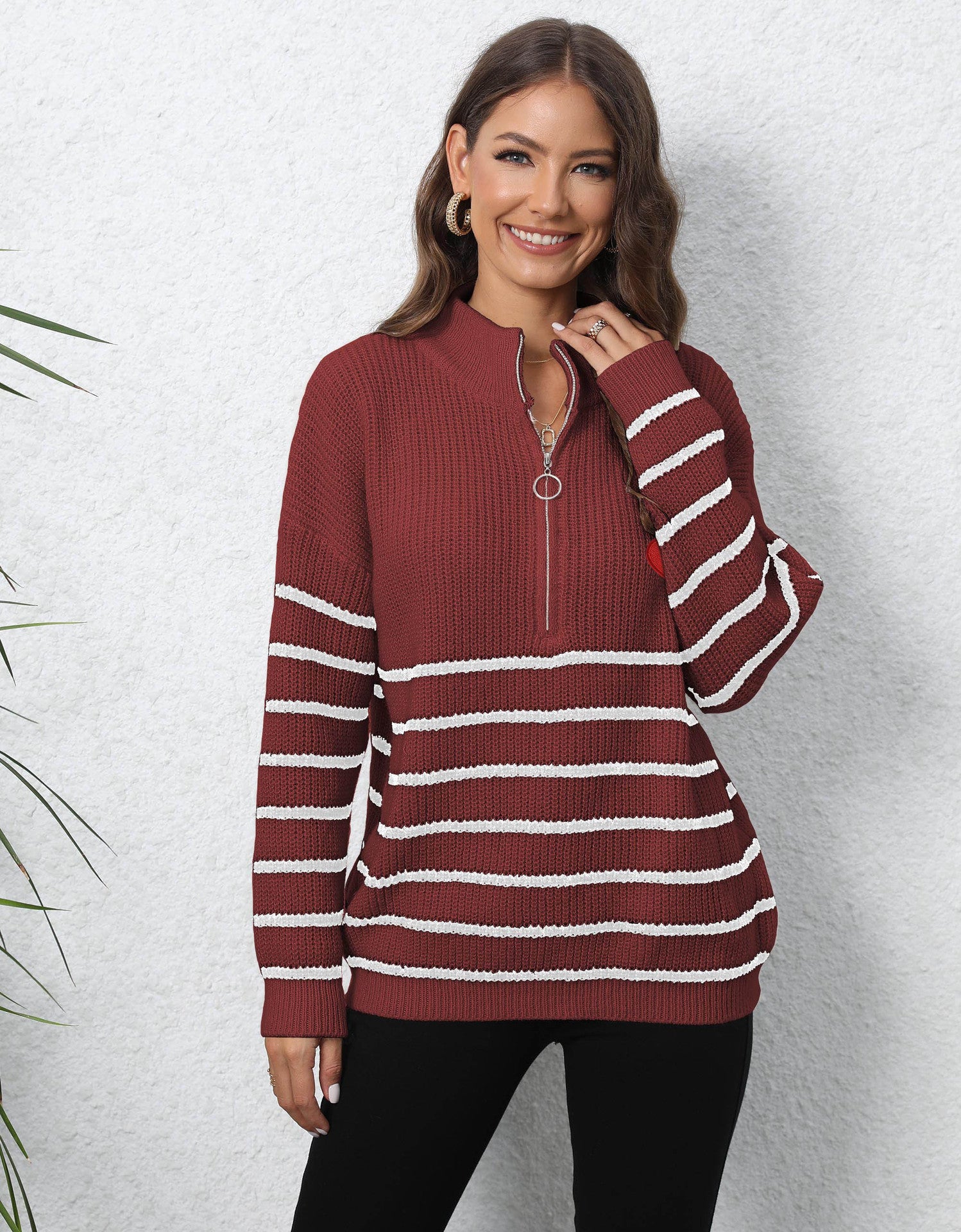 Lady Knit Sweater Machine-knitted Stripe Splicing Half-high Collar Zipper Loose Top Sweater