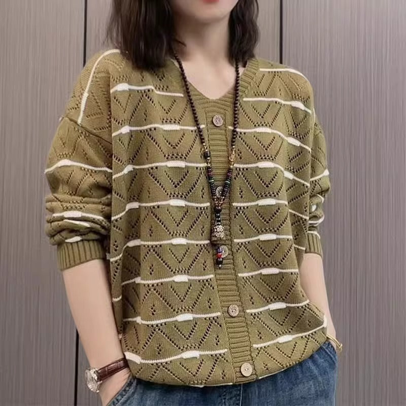 Design Sense Small Batch Hollow Out V-Neck Knit Sweater Women Autumn Winter Loose Plus Size Slimming Bodycon Long Sleeve Base Layer Sweater
