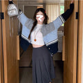 Striped Color-Blocked Mohair Knit Cardigan for Women, Sweet Soft Versatile Youthful Outerwear Top