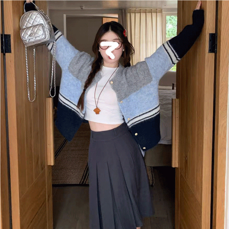 Striped Color-Blocked Mohair Knit Cardigan for Women, Sweet Soft Versatile Youthful Outerwear Top