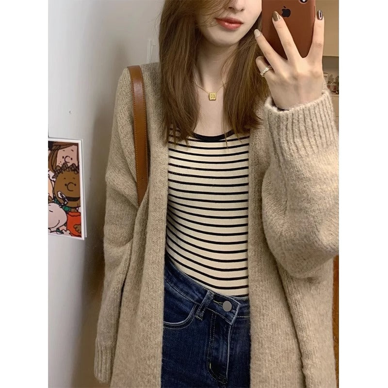 Soft and Lazy Style Mid-Length Knit Cardigan Sweater for Women, Spring and Autumn Season