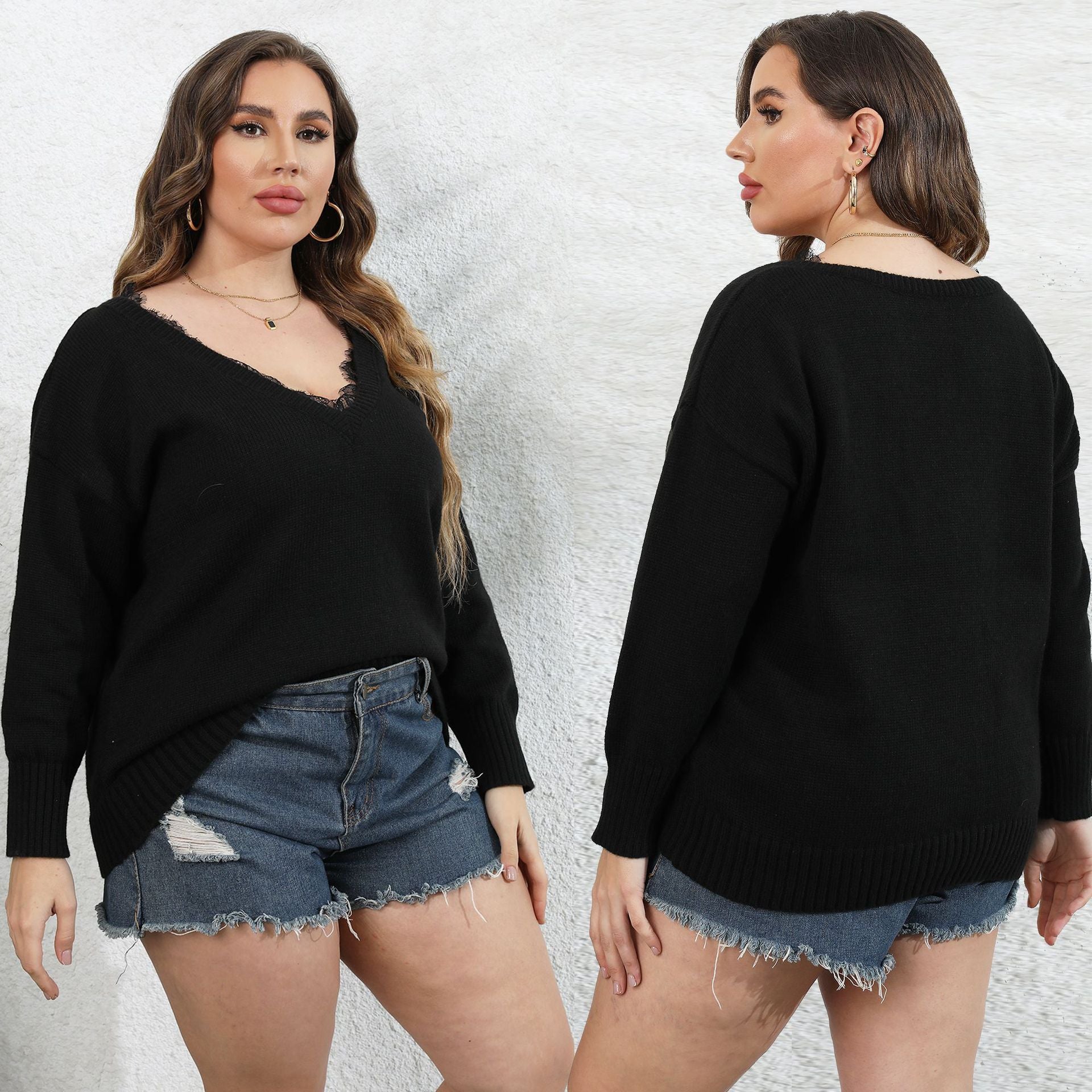 Women's Knitwear with Lace Patchwork V-Neck Pullover, Oversized Western Style Sweater
