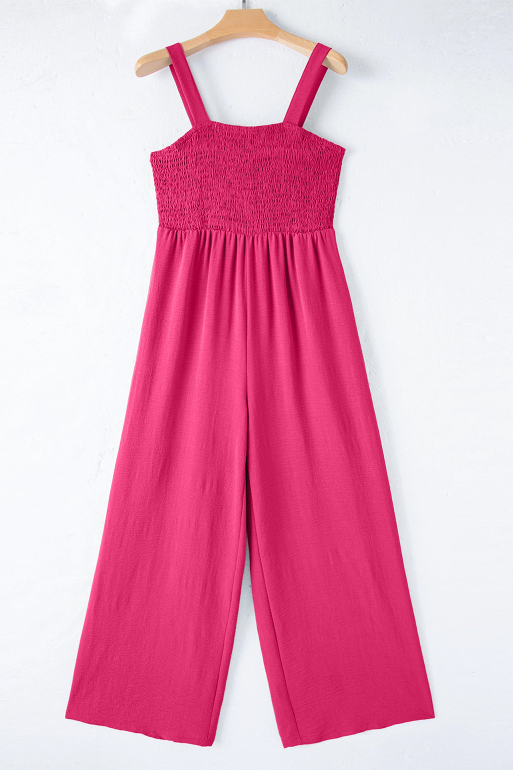 Rose Red Smocked Square Neck Sleeveless Jumpsuit with Pockets