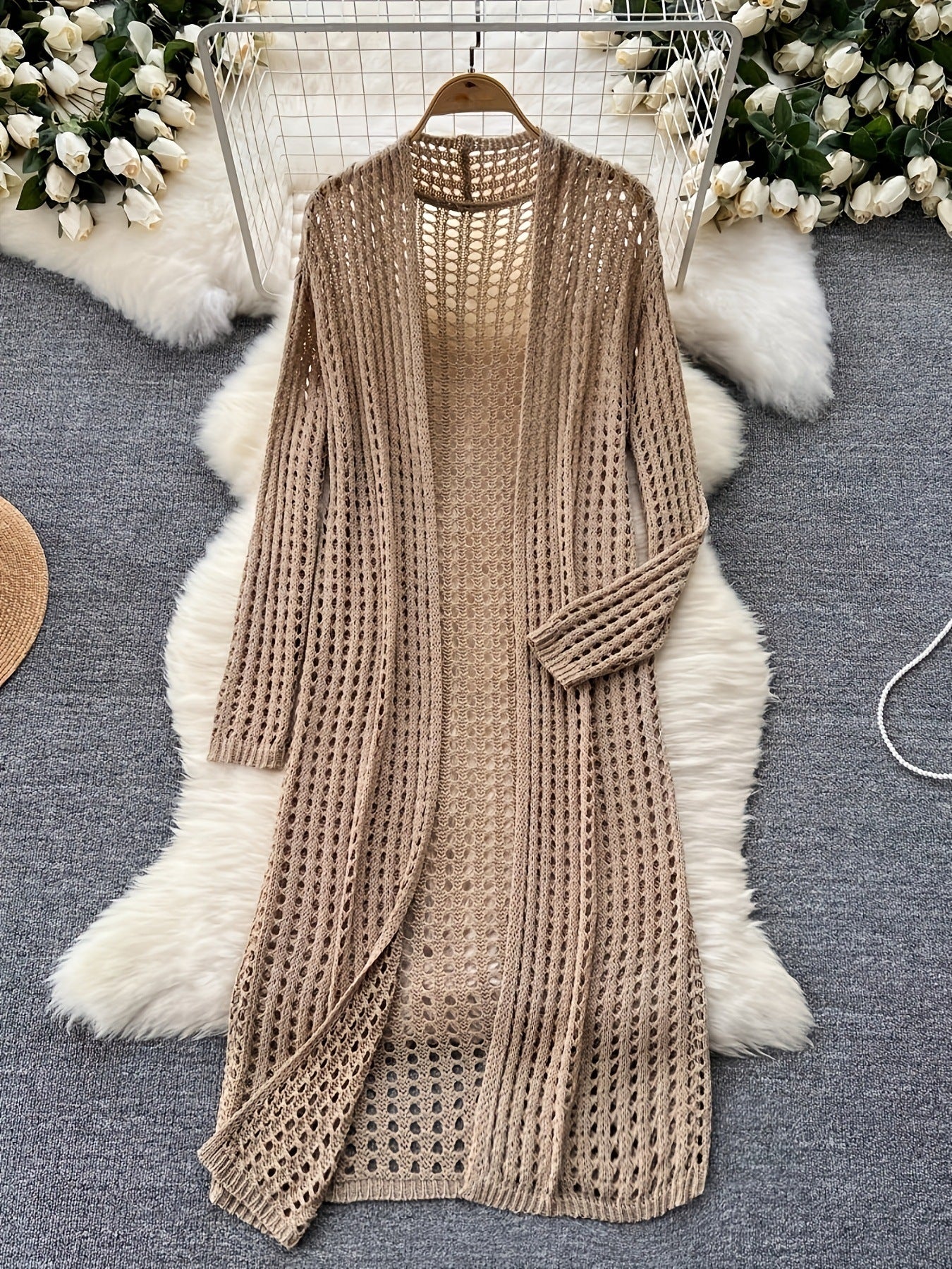 Style Spring Summer New Hollow-Out Design Casual Fashion Solid Color Loose Knit Cardigan Elegant Women's Outerwear