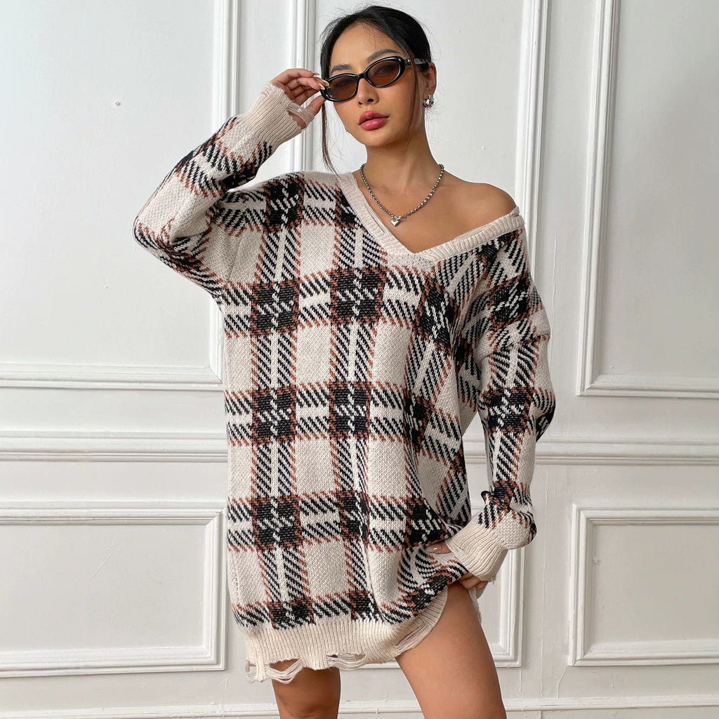 Chic Women's Knitted Dress Long Sleeve Color-block Plaid Dress