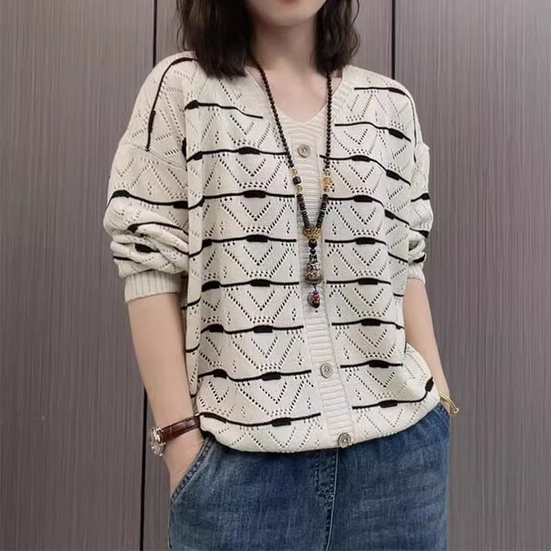 Design Sense Small Batch Hollow Out V-Neck Knit Sweater Women Autumn Winter Loose Plus Size Slimming Bodycon Long Sleeve Base Layer Sweater
