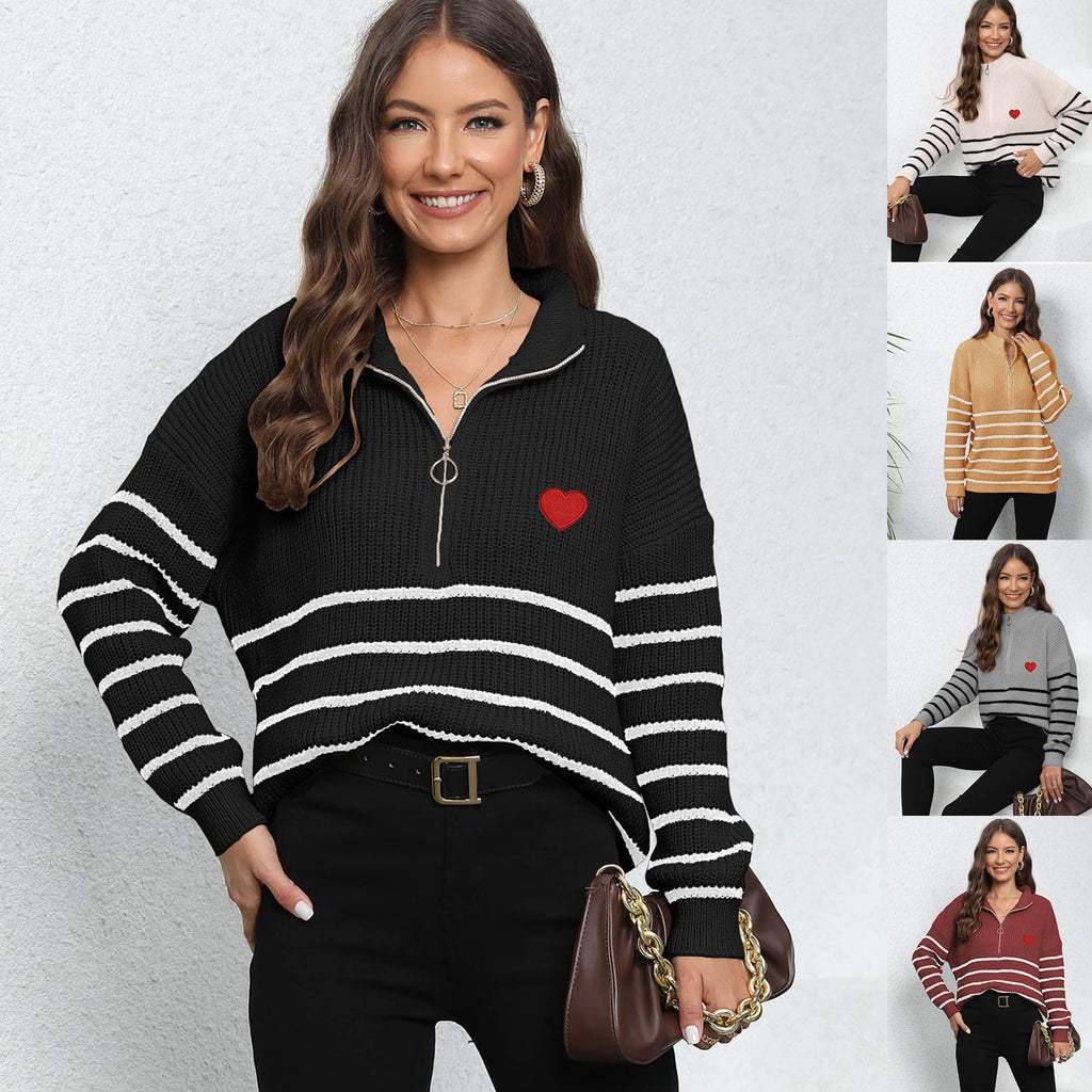 Lady Knit Sweater Machine-knitted Stripe Splicing Half-high Collar Zipper Loose Top Sweater