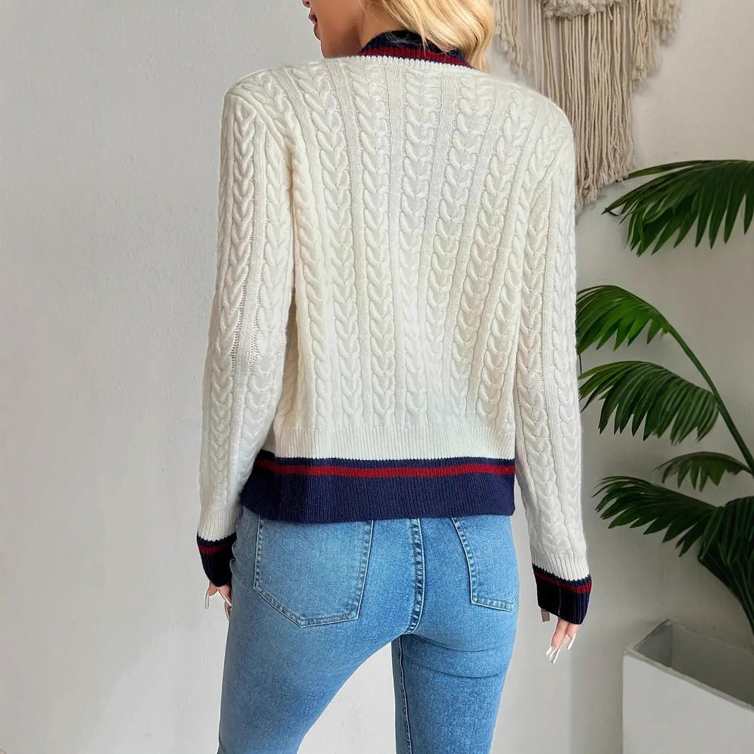 Autumn/Winter Women's V-Neck Color-Block  Button Knit Cardigan Elegant Knit Sweater