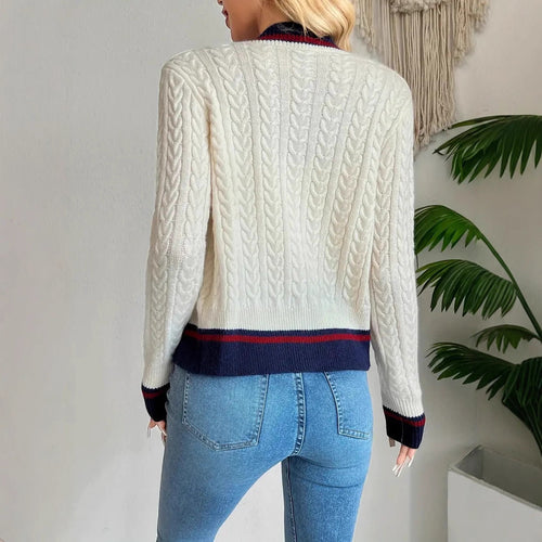Autumn/Winter Women's V-Neck Color-Block  Button Knit Cardigan Elegant Knit Sweater