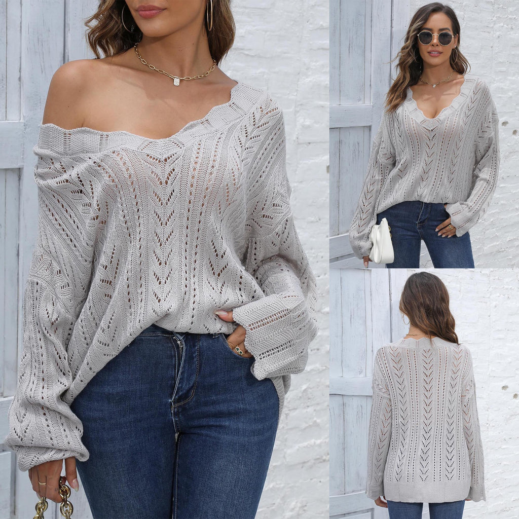 Lady Knit Sweater with Deep V-Neck, Loose Oversized Pullover, Hollow Weave Design