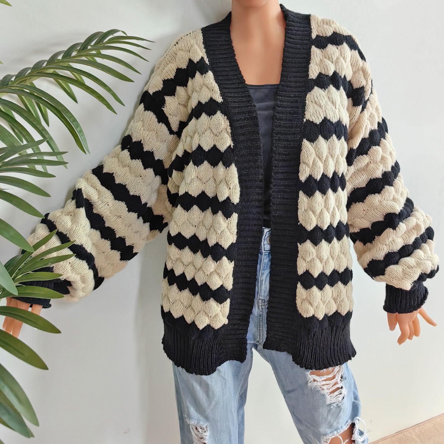 Ladies' Knit Cardigan Coat,Color-blocked Pineapple 3D Pattern Striped Knit Open Front Sweater