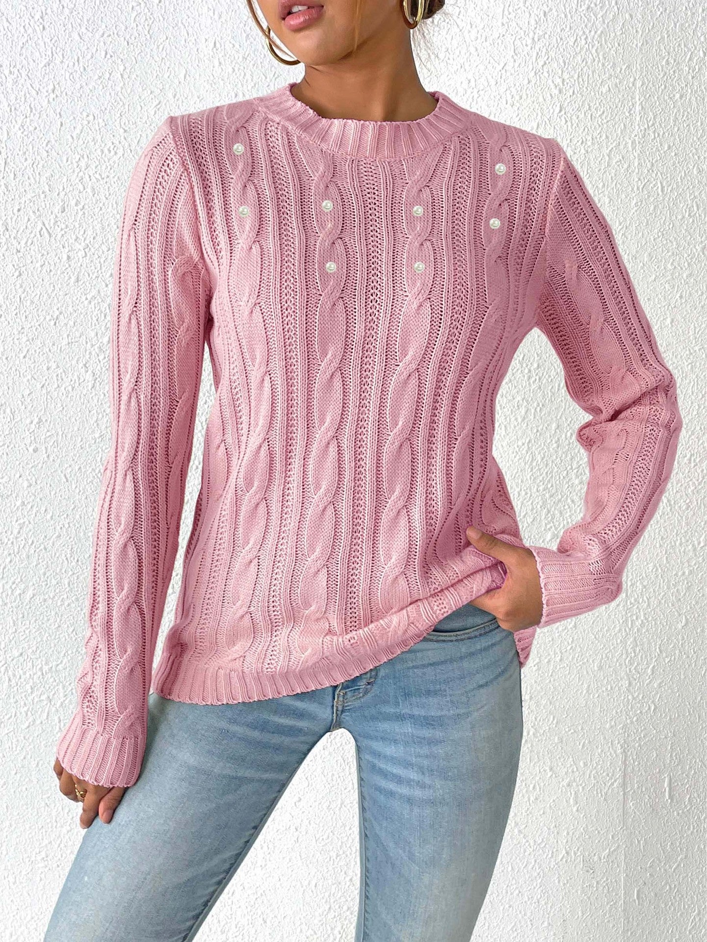 Women's Sweater Round Neck Pullover Simple Basic Pearl Beaded Knit Top