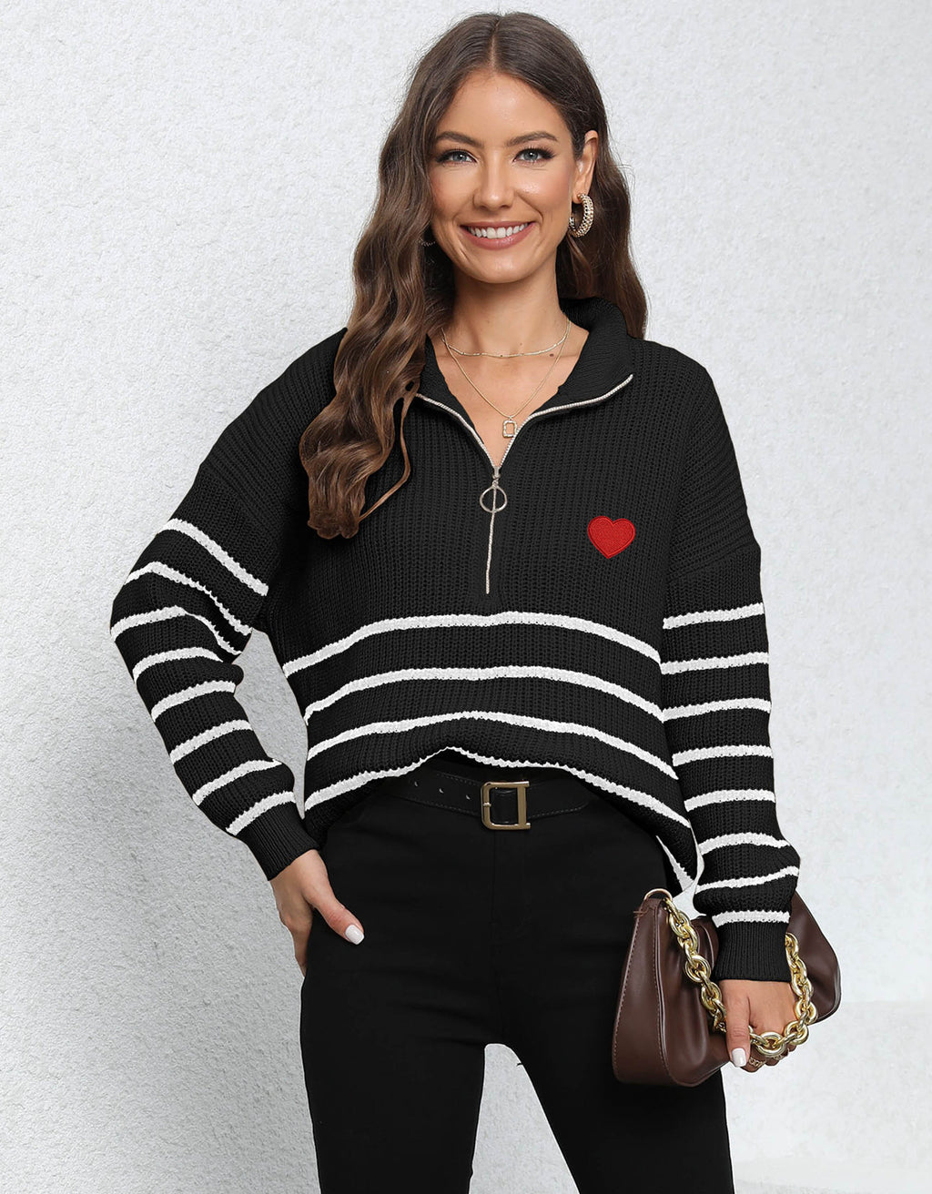 Lady Knit Sweater Machine-knitted Stripe Splicing Half-high Collar Zipper Loose Top Sweater