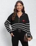 Lady Knit Sweater Machine-knitted Stripe Splicing Half-high Collar Zipper Loose Top Sweater